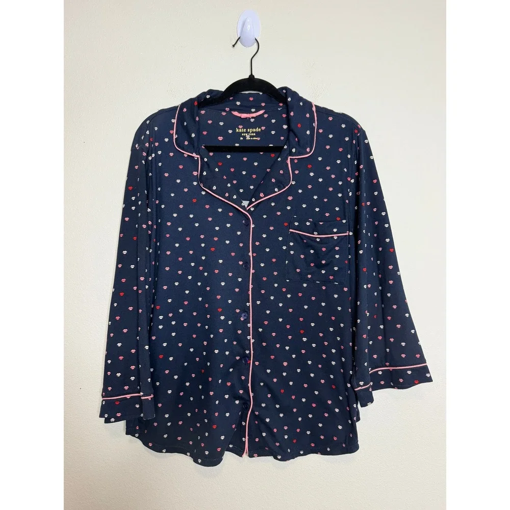 Kate Spade New York Pajama Set Navy Blue Lip Print Button Down Pants Womens 2X